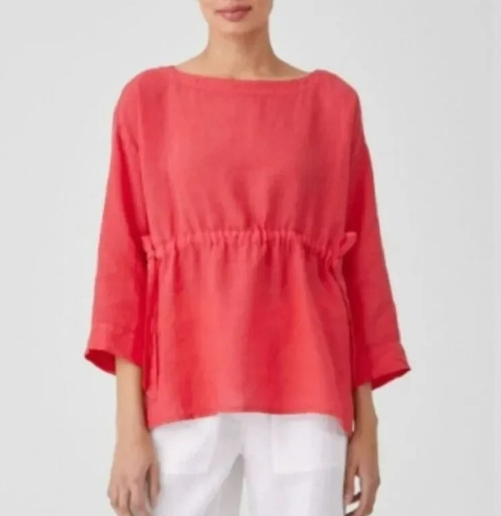 Eileen Fisher Organic Linen Top Size Medium Coral Red Pink Drawstring Waist